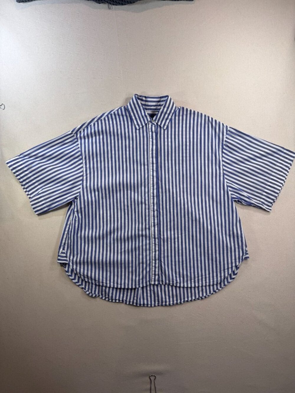 HK93 - French Connection Boxy Oversized Stripe Shirt S Blue White Cotton High Lo